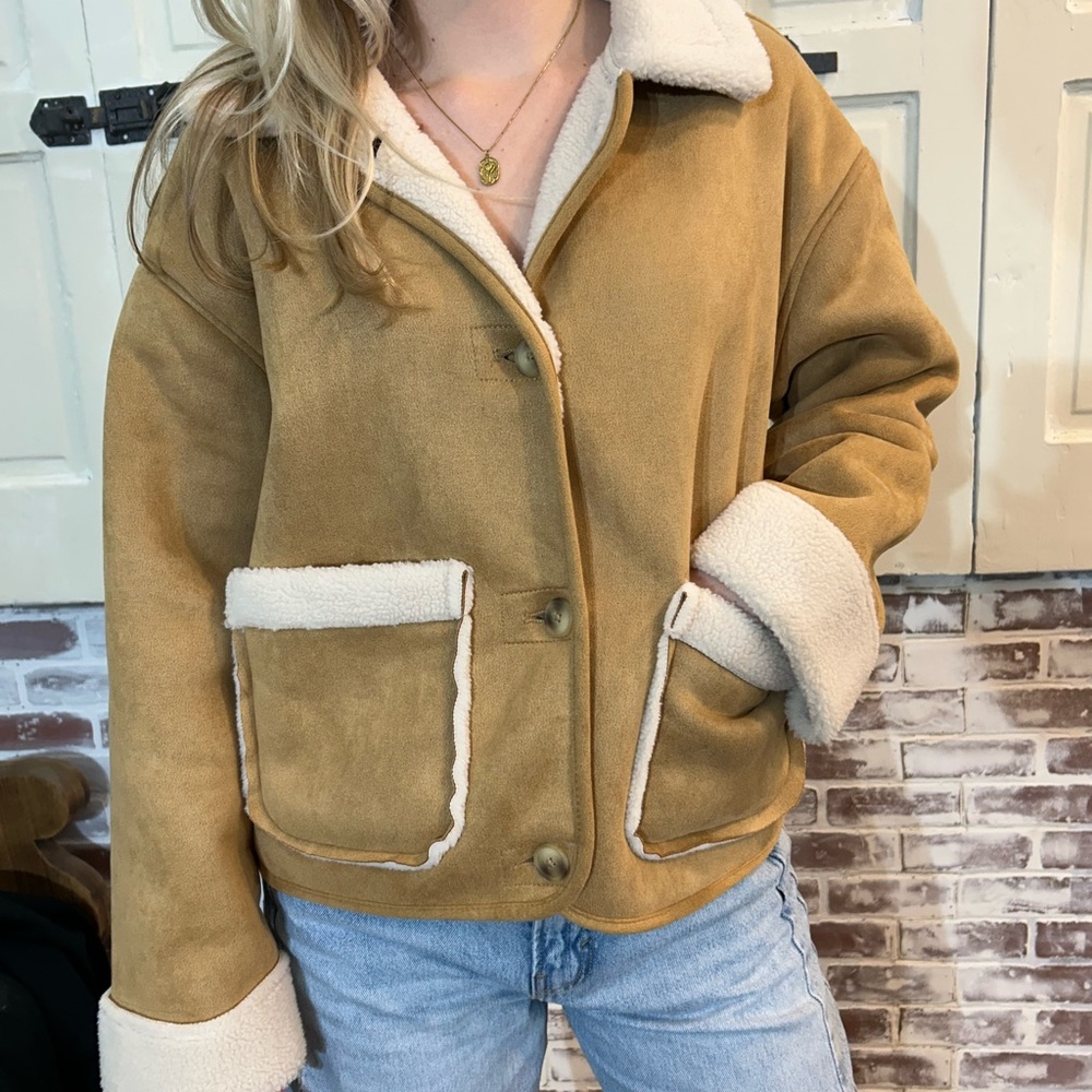 Time and Tru Tan Faux Suede Sherpa-Lined Jacket